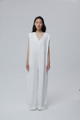 Sleeveless Wide-Leg Linen Jumpsuit with Deep V-Neck and Folded Hems