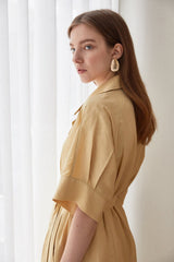 Belted Midi-Length A-Line Linen Dress With Soft Tailored Collar And Short Wide Sleeves
