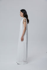 Sleeveless Wide-Leg Linen Jumpsuit with Deep V-Neck and Folded Hems