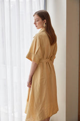 Belted Midi-Length A-Line Linen Dress With Soft Tailored Collar And Short Wide Sleeves