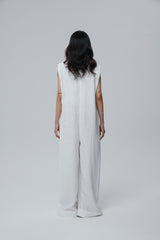 Sleeveless Wide-Leg Linen Jumpsuit with Deep V-Neck and Folded Hems
