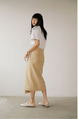High-Waisted Button-Front Midi Skirt in Lightweight Linen with Asymmetrical Front Slit