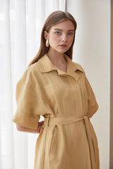 Belted Midi-Length A-Line Linen Dress With Soft Tailored Collar And Short Wide Sleeves