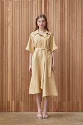 Belted Midi-Length A-Line Linen Dress With Soft Tailored Collar And Short Wide Sleeves