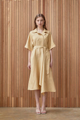 Belted Midi-Length A-Line Linen Dress With Soft Tailored Collar And Short Wide Sleeves
