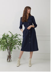 Belted V-Neck Midi Dress with Button Front and 3/4 Sleeves