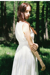 Sleeveless Gathered Waist Linen Dress with Flared Midi Skirt