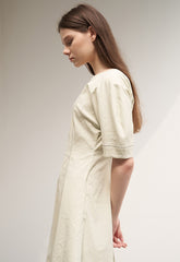 Women's Linen Midi Dress – Fitted A-Line Dress with Elbow Sleeves and Square Open Back