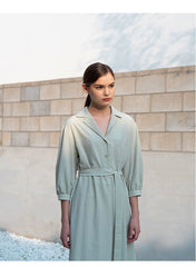 Belted Linen Shirt Dress with 3/4 Sleeves and Asymmetric Hem for Elegant Everyday Style