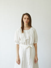 Elegant Linen Midi Dress with Puff Sleeves and Waist Tie – Breathable Summer Dress for Women