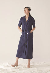 Double-Breasted Tailored Midi Dress In Breathable Premium Linen With Belt And Patch Pockets