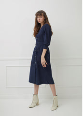 Belted V-Neck Midi Dress with Button Front and 3/4 Sleeves