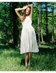 Sleeveless Gathered Waist Linen Dress with Flared Midi Skirt