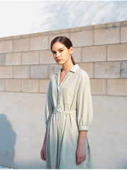 Belted Linen Shirt Dress with 3/4 Sleeves and Asymmetric Hem for Elegant Everyday Style