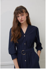 Belted V-Neck Midi Dress with Button Front and 3/4 Sleeves