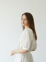 Elegant Linen Midi Dress with Puff Sleeves and Waist Tie – Breathable Summer Dress for Women