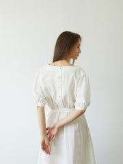 Elegant Linen Midi Dress with Puff Sleeves and Waist Tie – Breathable Summer Dress for Women