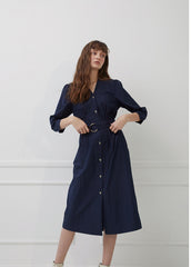 Belted V-Neck Midi Dress with Button Front and 3/4 Sleeves