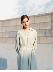 Belted Linen Shirt Dress with 3/4 Sleeves and Asymmetric Hem for Elegant Everyday Style