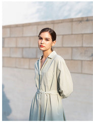 Belted Linen Shirt Dress with 3/4 Sleeves and Asymmetric Hem for Elegant Everyday Style