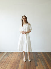 Elegant Linen Midi Dress with Puff Sleeves and Waist Tie – Breathable Summer Dress for Women