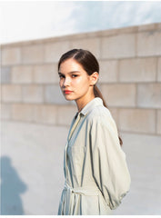 Belted Linen Shirt Dress with 3/4 Sleeves and Asymmetric Hem for Elegant Everyday Style