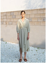 Belted Linen Shirt Dress with 3/4 Sleeves and Asymmetric Hem for Elegant Everyday Style
