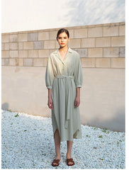 Belted Linen Shirt Dress with 3/4 Sleeves and Asymmetric Hem for Elegant Everyday Style