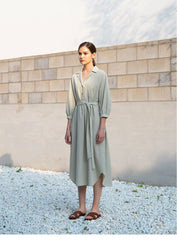 Belted Linen Shirt Dress with 3/4 Sleeves and Asymmetric Hem for Elegant Everyday Style