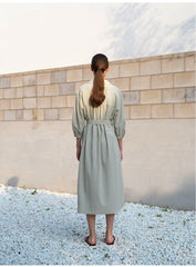 Belted Linen Shirt Dress with 3/4 Sleeves and Asymmetric Hem for Elegant Everyday Style