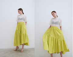 Linen Tiered Maxi Skirt with Ruffled Hem and Relaxed Fit