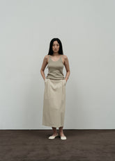High-Waisted Midi Linen Skirt for Women with Pleated Front and Streamlined Silhouette