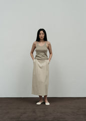 High-Waisted Midi Linen Skirt for Women with Pleated Front and Streamlined Silhouette