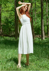 Sleeveless Gathered Waist Linen Dress with Flared Midi Skirt