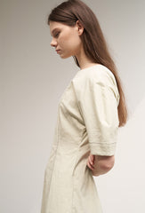 Women's Linen Midi Dress – Fitted A-Line Dress with Elbow Sleeves and Square Open Back