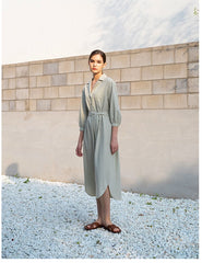 Belted Linen Shirt Dress with 3/4 Sleeves and Asymmetric Hem for Elegant Everyday Style