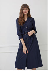 Belted V-Neck Midi Dress with Button Front and 3/4 Sleeves