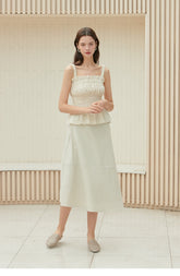 Smocked Linen Top with Ruffle Hem and Adjustable Straps for Women