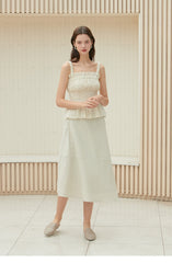 Smocked Linen Top with Ruffle Hem and Adjustable Straps for Women