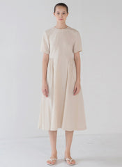 Elegant Short-Sleeve Linen Midi Dress with Flared Hem and Lightweight Breathable Fabric