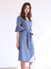 Wrap-Front Midi Dress in Lightweight Linen Fabric