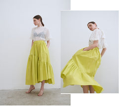 Linen Tiered Maxi Skirt with Ruffled Hem and Relaxed Fit