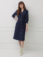 Belted V-Neck Midi Dress with Button Front and 3/4 Sleeves