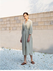 Belted Linen Shirt Dress with 3/4 Sleeves and Asymmetric Hem for Elegant Everyday Style
