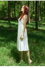 Sleeveless Gathered Waist Linen Dress with Flared Midi Skirt