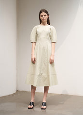 Women's Linen Midi Dress – Fitted A-Line Dress with Elbow Sleeves and Square Open Back