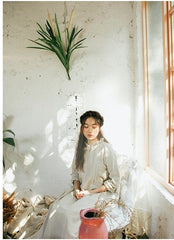 Vestido largo Elaine de lino y algodón con volantes