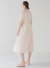 Elegant Short-Sleeve Linen Midi Dress with Flared Hem and Lightweight Breathable Fabric