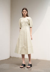 Women's Linen Midi Dress – Fitted A-Line Dress with Elbow Sleeves and Square Open Back