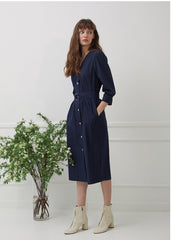 Belted V-Neck Midi Dress with Button Front and 3/4 Sleeves